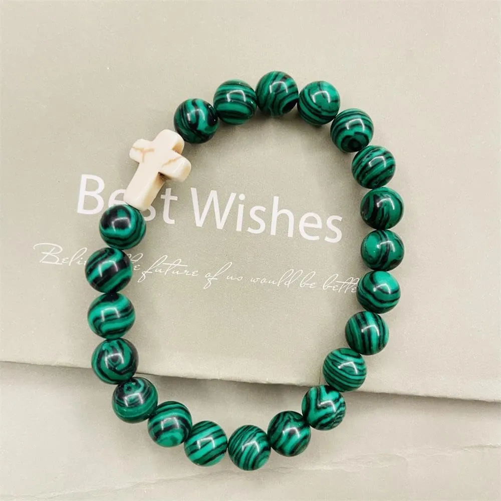 Christian Bracelet Cross Beaded Bracelets Jewelry Natural Healing Stone Inspirational Faith God Stretch Bracelet Religious Jewelry for Women Men