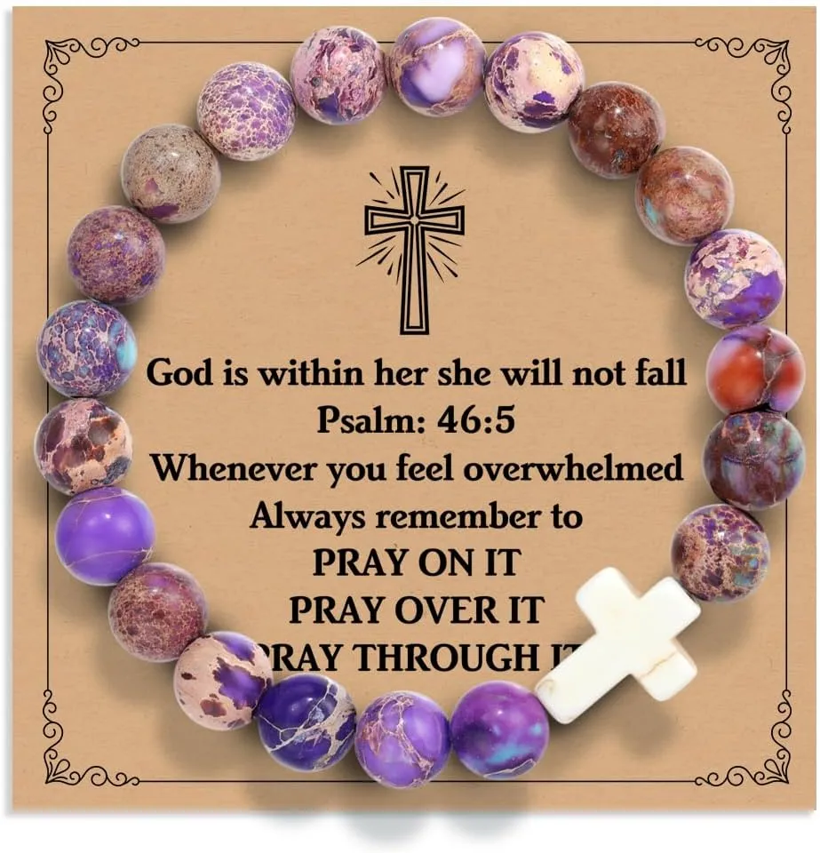 Christian Gifts Cross Bracelet & Message Card for Women, Natural Stone Bracelets for Women ,Faith Religious Easter Catholic Christian Jewelry, Gifts for Coworker Friends Her Manager Boss Teacher-33