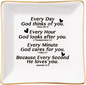 Christian Gifts for Women Faith Jewelry Dish with Bible Verse Prayers, Religious Gifts Scripture Gifts Spiritual Gifts for Women Men Friends Birthday - Every Second God He Loves You
