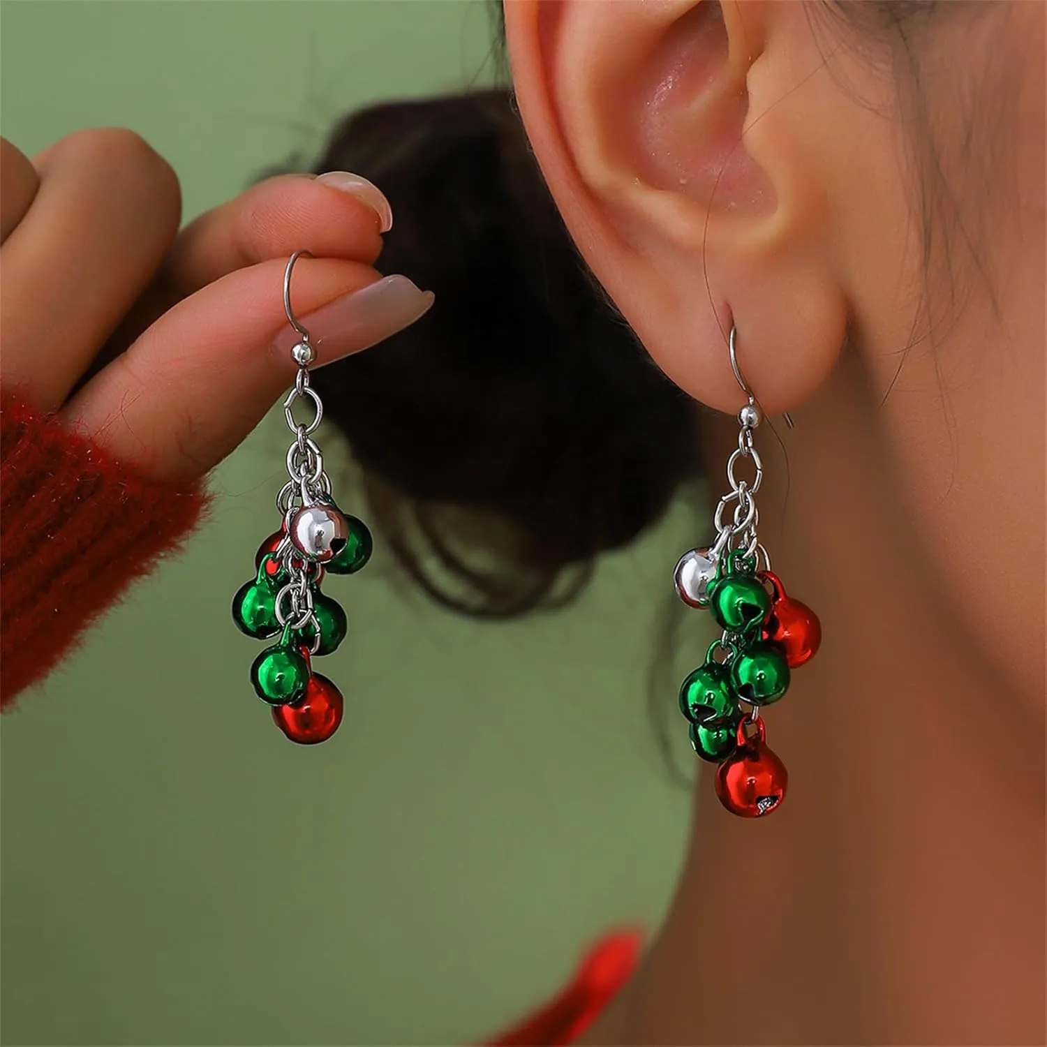 Christmas Red Green Jingle Bell Dangle Drop Earrings Charm Cute Candy Color Tinkle Bells Ball Ornament Chandelier Earrings for Women Xmas New Year Thanksgiving Party Trendy Jewelry Gifts
