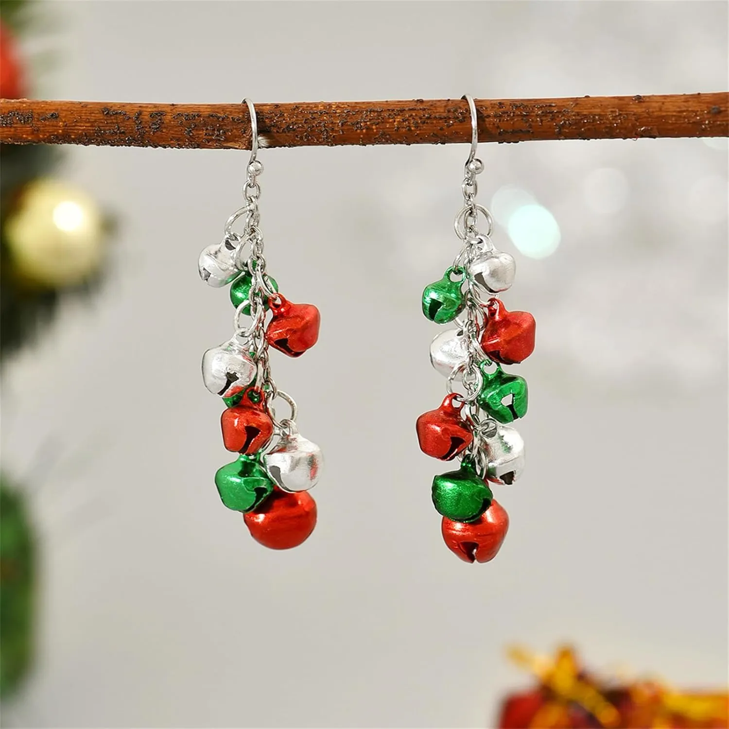 Christmas Red Green Jingle Bell Dangle Drop Earrings Charm Cute Candy Color Tinkle Bells Ball Ornament Chandelier Earrings for Women Xmas New Year Thanksgiving Party Trendy Jewelry Gifts