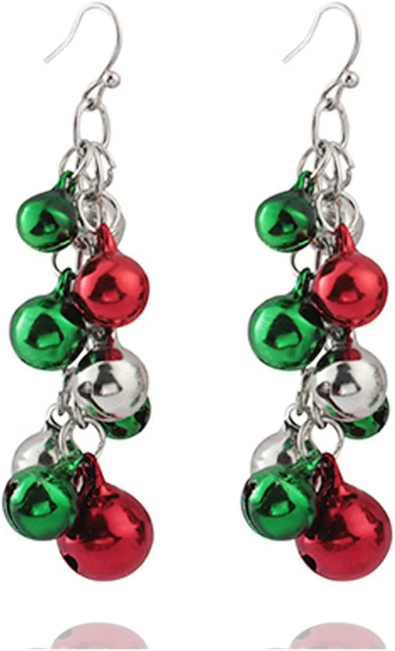 Christmas Red Green Jingle Bell Dangle Drop Earrings Charm Cute Candy Color Tinkle Bells Ball Ornament Chandelier Earrings for Women Xmas New Year Thanksgiving Party Trendy Jewelry Gifts