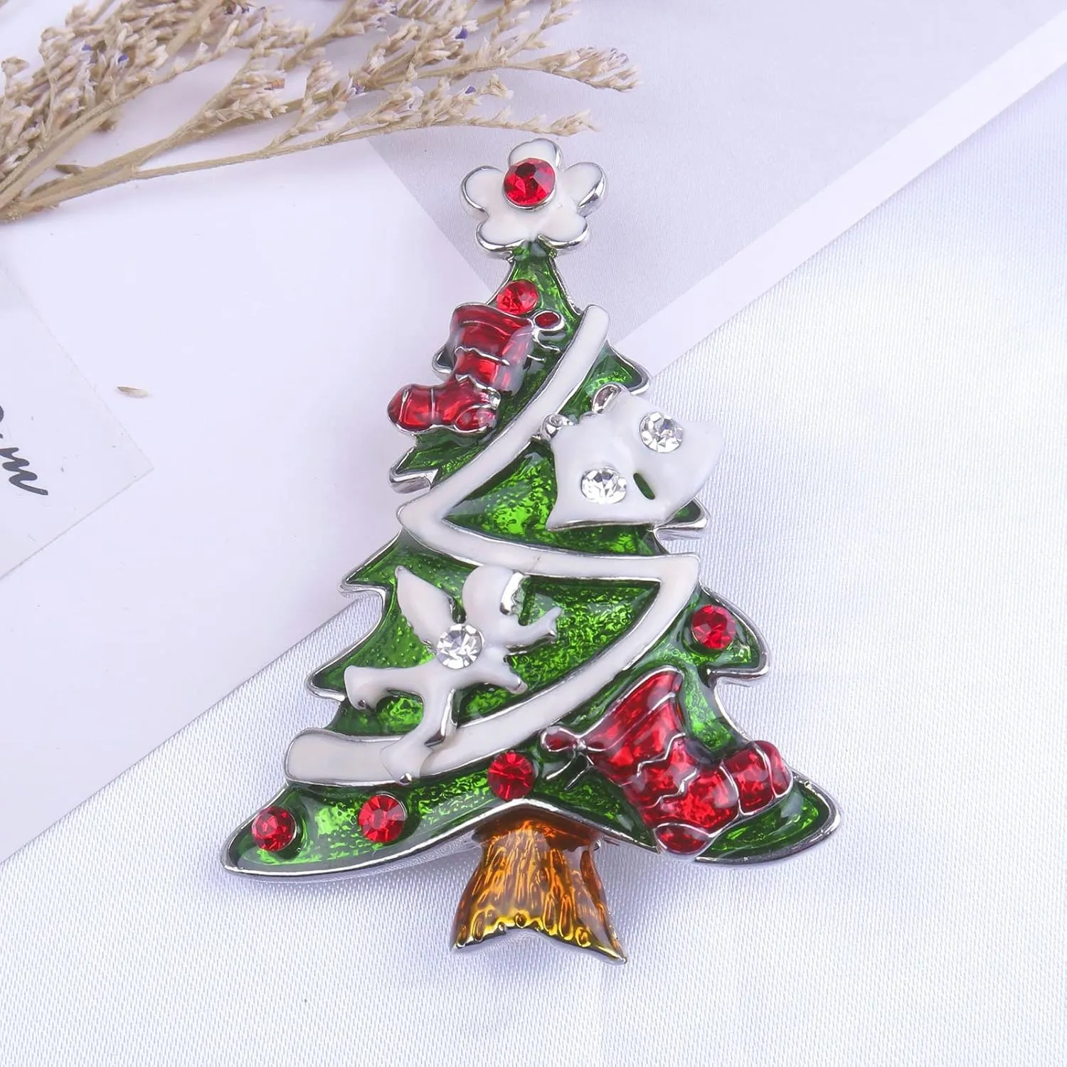 Christmas Tree Brooch Pin for Women Girls - Crystal Rhinestone Enamel Pearl Vintage Fashion Jewelry - Holiday Gifts