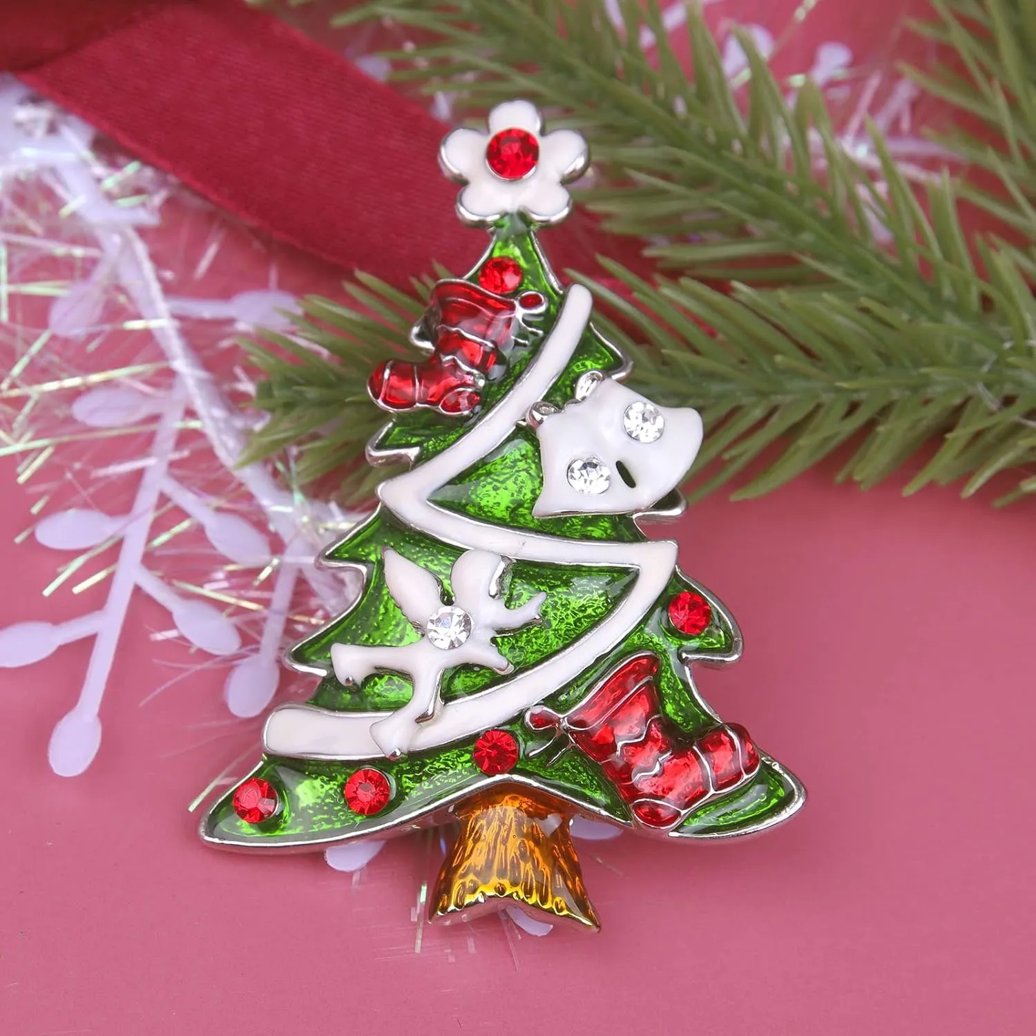Christmas Tree Brooch Pin for Women Girls - Crystal Rhinestone Enamel Pearl Vintage Fashion Jewelry - Holiday Gifts
