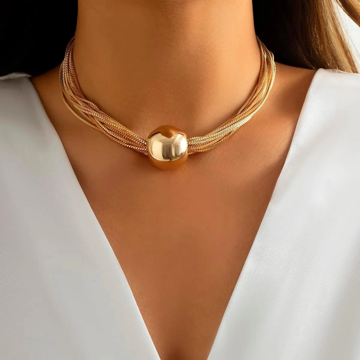 Chunky Bead Statement Choker Necklace - Gold Silver Ball Layered Tassel Chains Choker Statement Jewelry for Women
