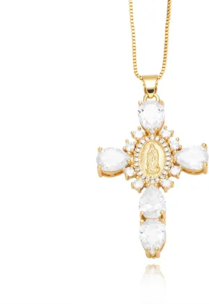 Chunky Cross Necklace Virgin Mary Necklace Cubic Zirconia Crystal Big Cross Necklace Large Faith Necklace Religious Necklace for Women