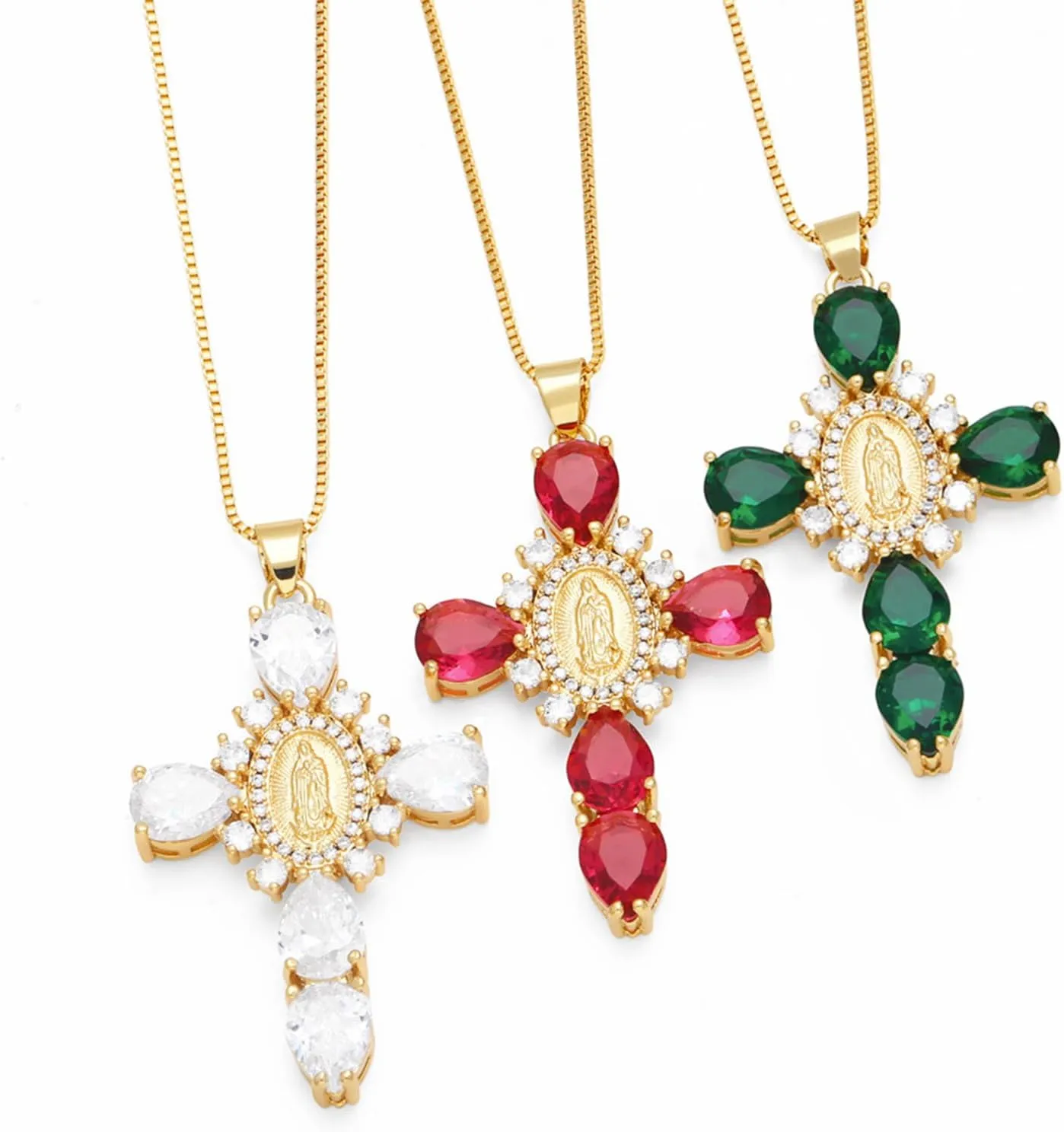 Chunky Cross Necklace Virgin Mary Necklace Cubic Zirconia Crystal Big Cross Necklace Large Faith Necklace Religious Necklace for Women