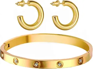 Chunky Gold Hoop Earrings for Women,14K Gold Plated Friendship Bangle Bracelets Stainless Steel Hypoallergenic Jewelry Sets Valentines Christmas Gifts for Women 7.5 Inch