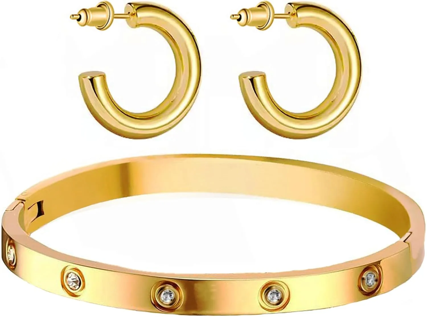 Chunky Gold Hoop Earrings for Women,14K Gold Plated Friendship Bangle Bracelets Stainless Steel Hypoallergenic Jewelry Sets Valentines Christmas Gifts for Women 7.5 Inch