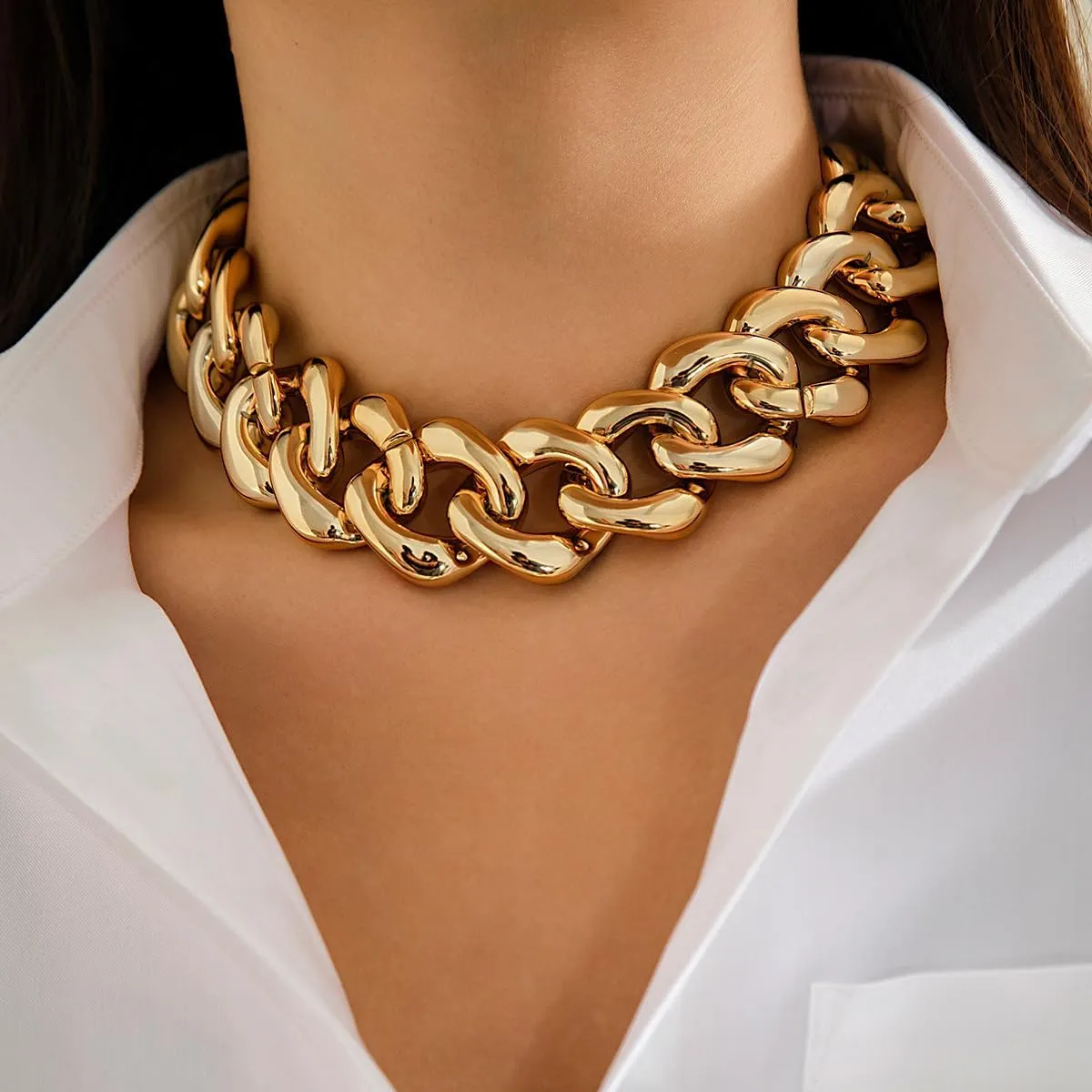Chunky Link Cuban Chains Necklace Women's Punk Hip-hop Thick Gold Chain Choker Necklace Fashion Costume Jewelry for Women (gold)