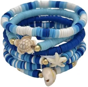 Clay Bead Shell Stretch Bracelet Set Stackable Sea Star/Sea Conch/Sea Turtle Bracelet Boho Summer Beach Surfing Jewelry