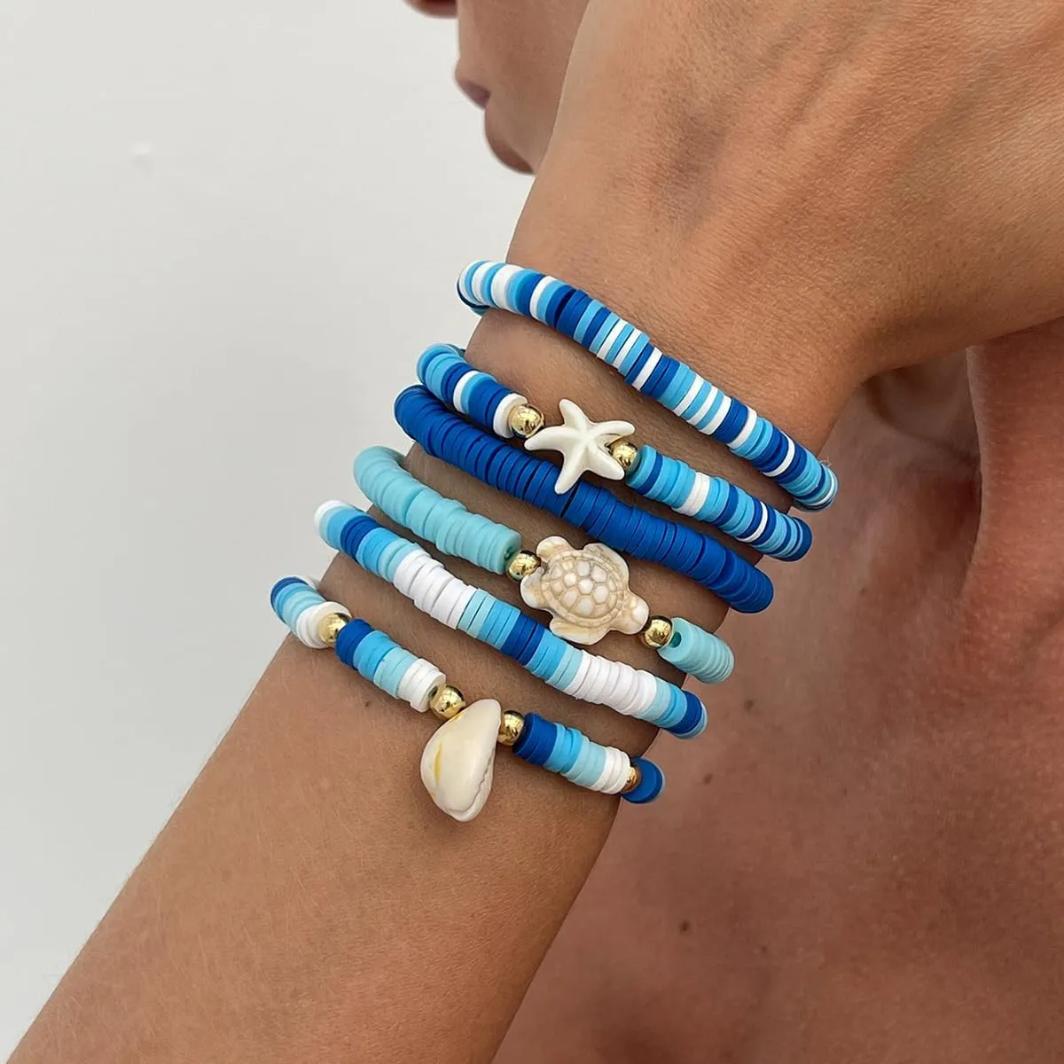 Clay Bead Shell Stretch Bracelet Set Stackable Sea Star/Sea Conch/Sea Turtle Bracelet Boho Summer Beach Surfing Jewelry