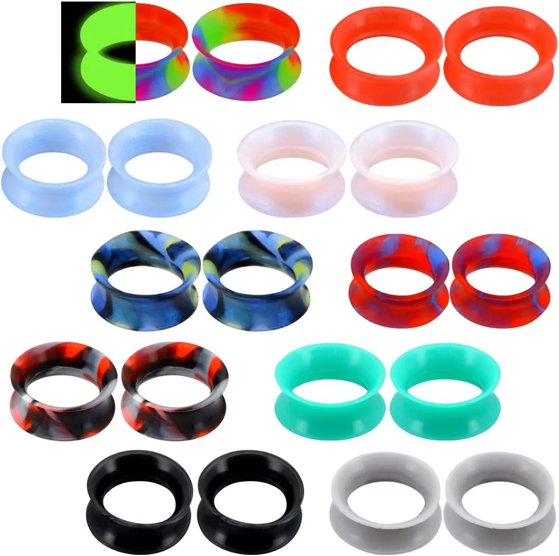 Cocharm 20 PCS Thin Silicone Ear Gauges - Flexible Double Flared Tunnel Ear Plugs