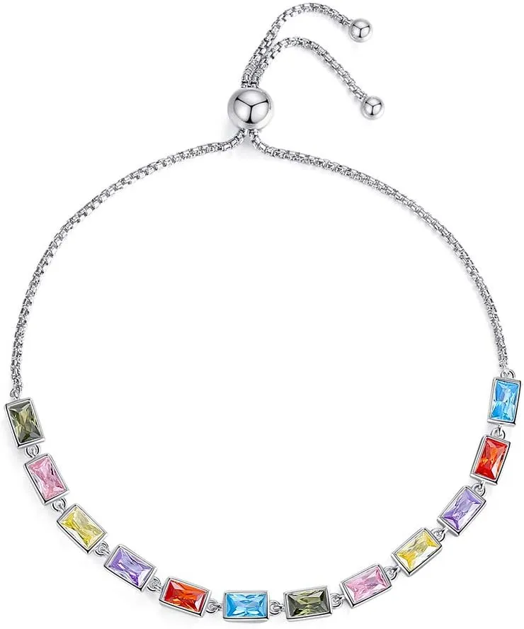 Colorful Birthstone Tennis Bracelet Sterling Silver 925 AAA Cubic Zirconia 10" Adjustable for Women