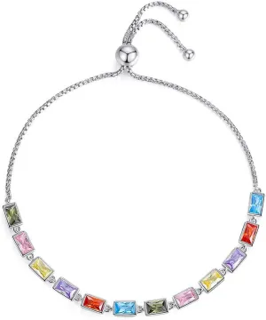 Colorful Birthstone Tennis Bracelet Sterling Silver 925 AAA Cubic Zirconia 10" Adjustable for Women