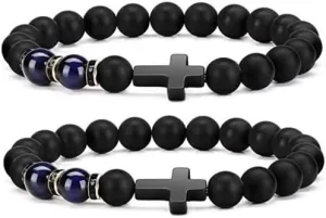 COLORFUL BLING 2/7 Pcs Natural Healing Crystal Religion Cross Bracelets Set 8mm Stone Blue Tiger Eye & Black Matte Agate Beaded Bracelet Energy Bead Bracelet Bangle for Men Women