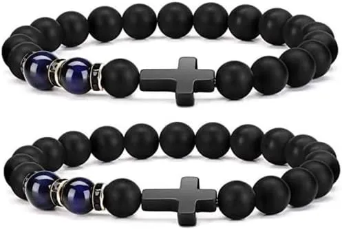 COLORFUL BLING 2/7 Pcs Natural Healing Crystal Religion Cross Bracelets Set 8mm Stone Blue Tiger Eye & Black Matte Agate Beaded Bracelet Energy Bead Bracelet Bangle for Men Women