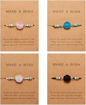 COLORFUL BLING 4Pcs/Pack Handmade Druzy Wrap Friendship Braided Bracelet Adjustable Wrist Cord Beaded Bracelet for Women Wish Card Jewelry