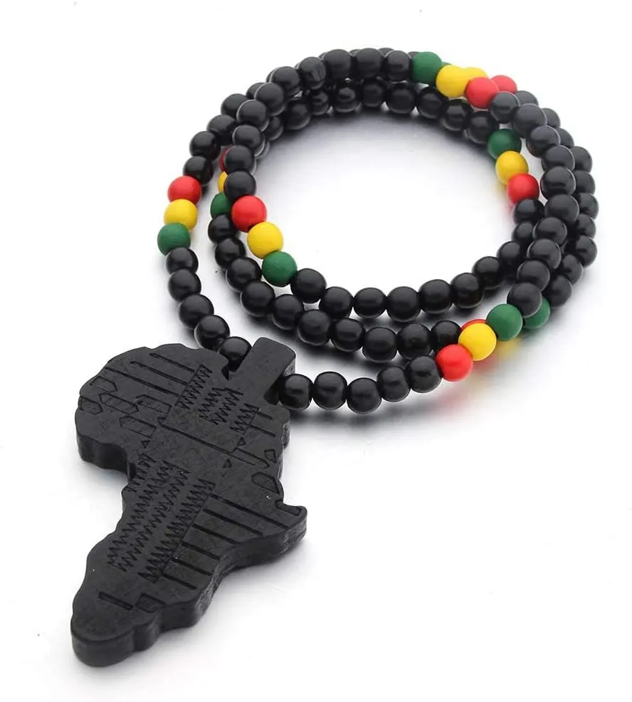 COLORFUL BLING 8MM Wooden Bead Natural Africa Map Hiphop Item Multicolor Pendant Necklace