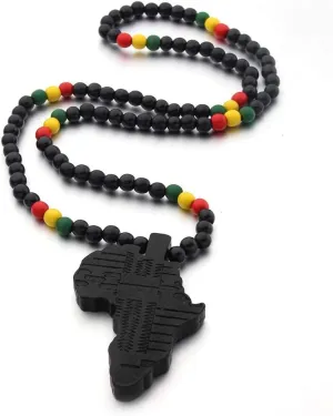 COLORFUL BLING 8MM Wooden Bead Natural Africa Map Hiphop Item Multicolor Pendant Necklace