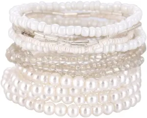 COLORFUL BLING Women Multilayer Temperament Imitated Pearl Stackable Strand Bracelets Beaded Seed Heart Rhinestone Crystal Stretch Bracelet Wedding Wrist Jewelry