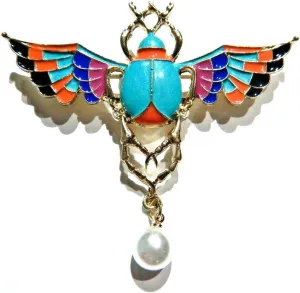 Colorful Winged Scarab Beetle Brooch Aqua Blue & Goldtone Egyptian Pin