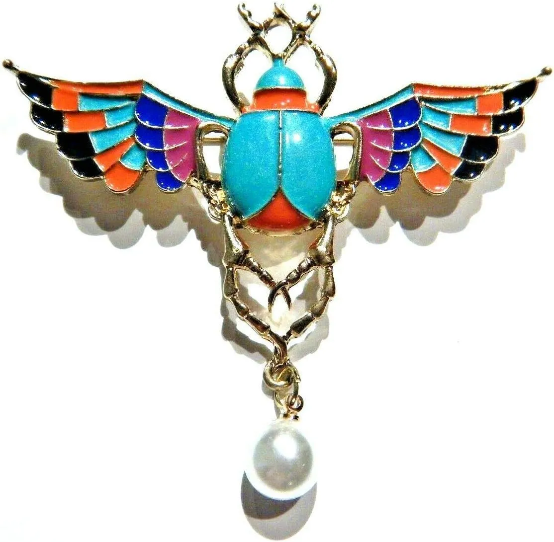 Colorful Winged Scarab Beetle Brooch Aqua Blue & Goldtone Egyptian Pin