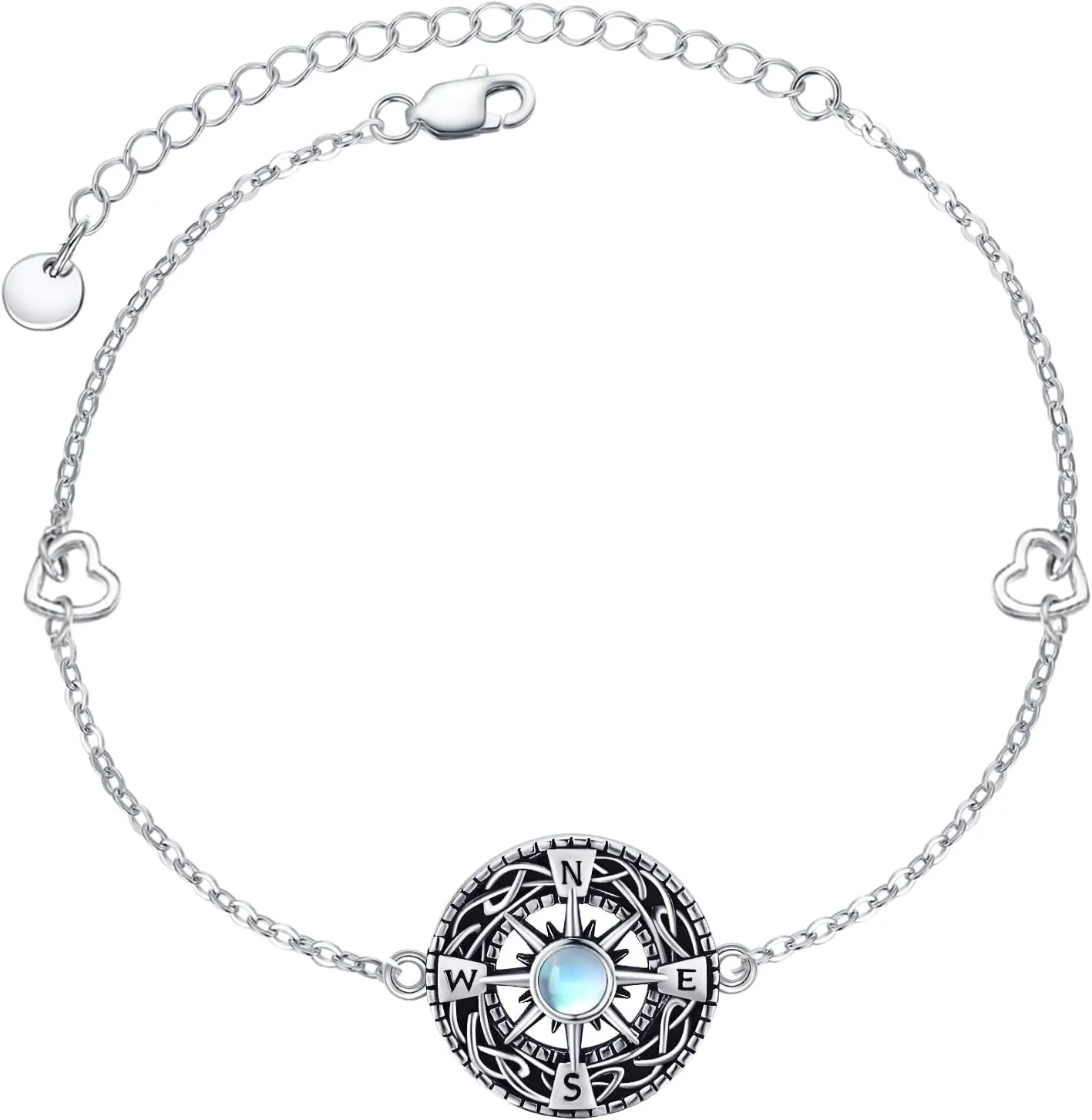 Compass Bracelet for Women Graduation Gift 925 Sterling Silver Small Moonstone Bracelets Dainty Celtic Knot Compass Inspirational Bracelet Friendship Talisman Travel Bracelet Jewelry Gifts for Men