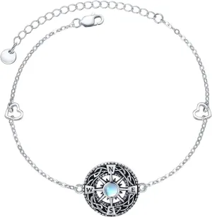 Compass Bracelet for Women Graduation Gift 925 Sterling Silver Small Moonstone Bracelets Dainty Celtic Knot Compass Inspirational Bracelet Friendship Talisman Travel Bracelet Jewelry Gifts for Men