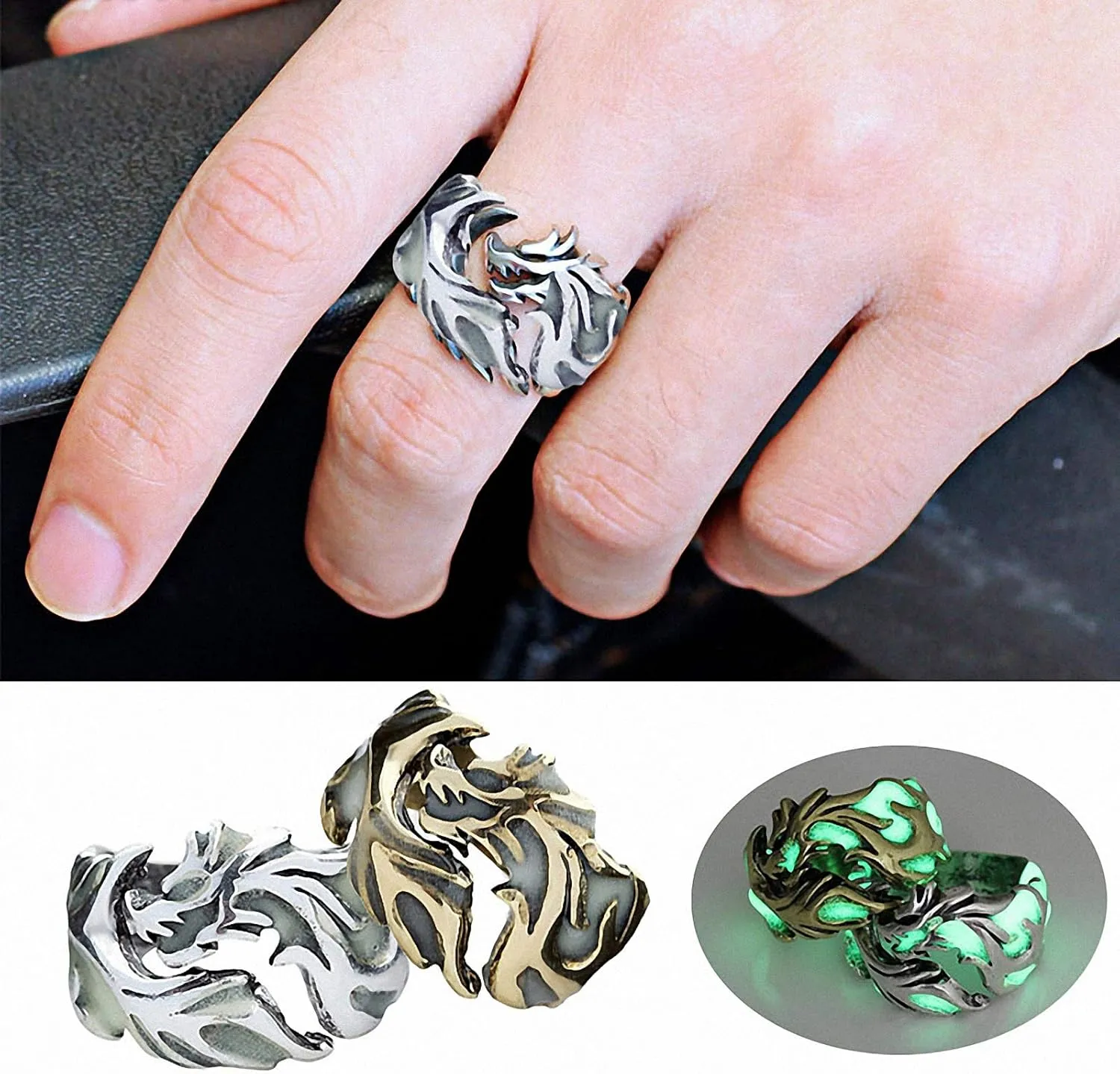 Cool Flying Dragon Luminous Ring, Gothic Punk Rings for Men and Women Allergy Free Glow in the Dark Creative Embossed Dragon Pattern Animal Ring Halloween Anniversary Party Jewelry Light-Emitting Gift