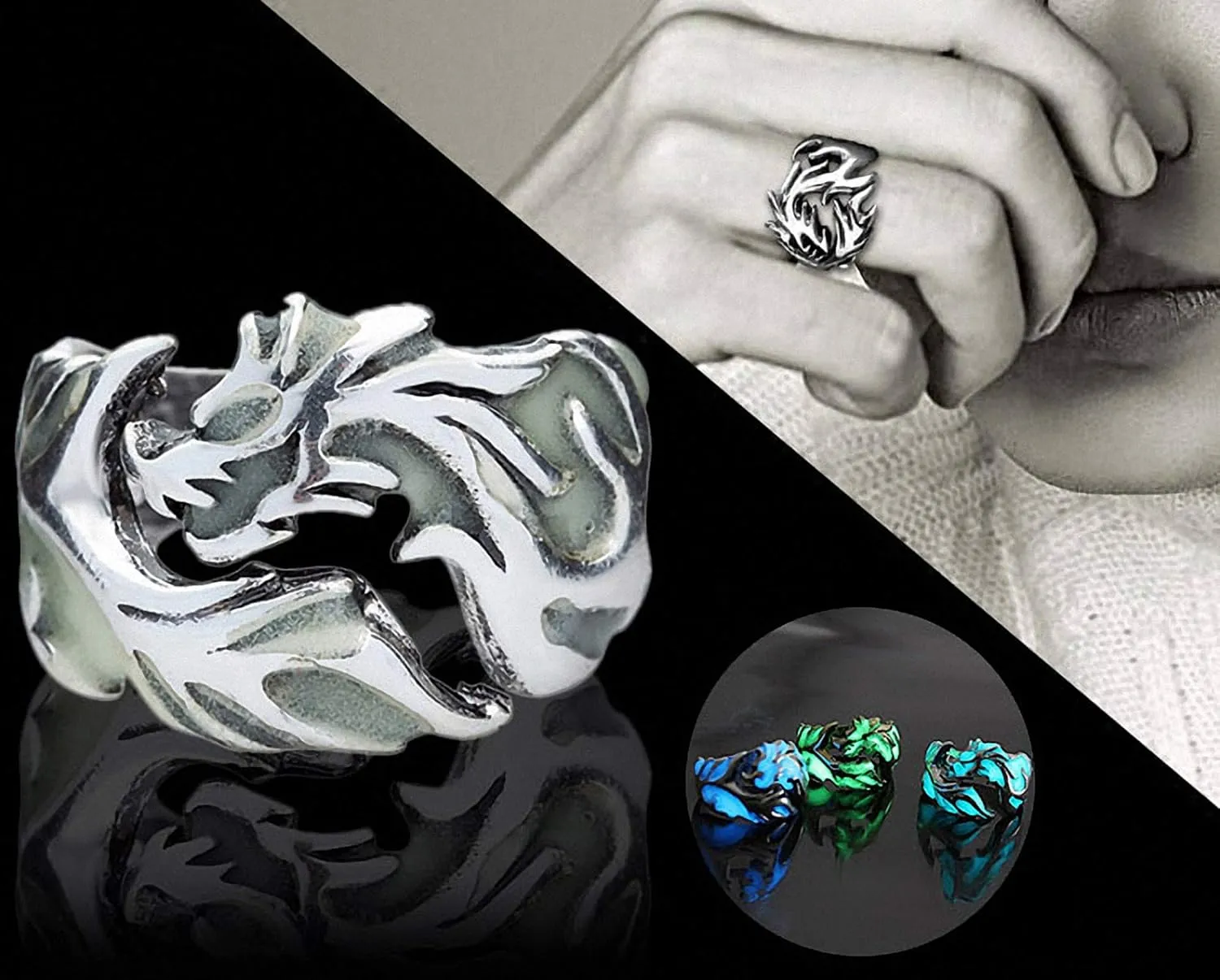 Cool Flying Dragon Luminous Ring, Gothic Punk Rings for Men and Women Allergy Free Glow in the Dark Creative Embossed Dragon Pattern Animal Ring Halloween Anniversary Party Jewelry Light-Emitting Gift