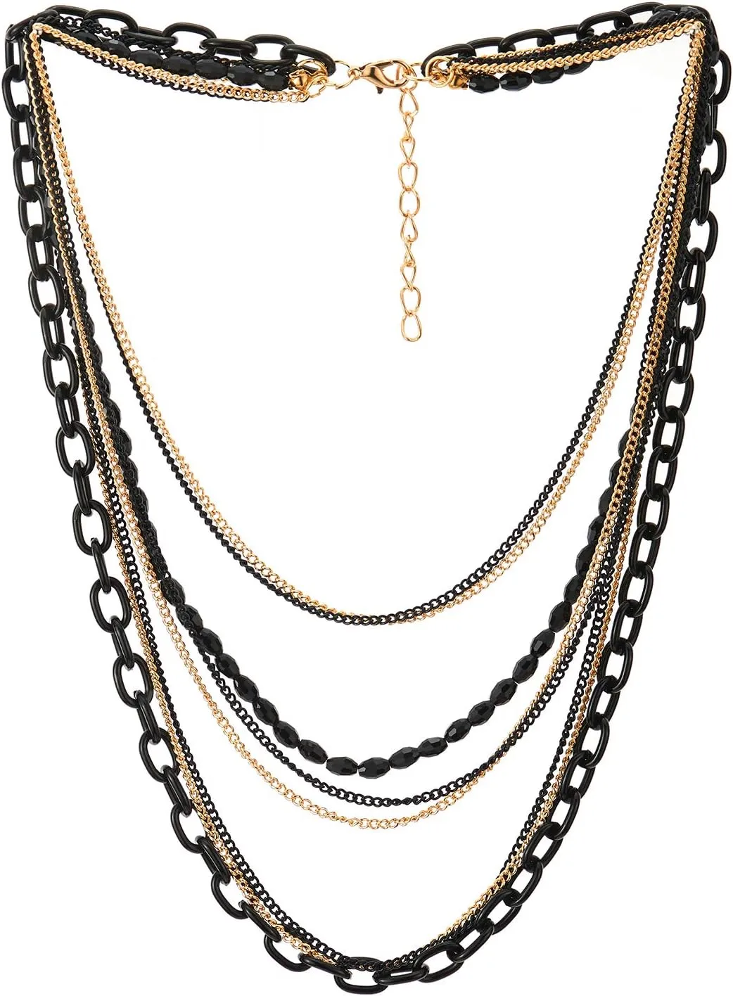 COOLSTEELANDBEYOND Choker Collar Statement Necklace Waterfall Multi-Strand Black Gold Chains with Gem Stone Bead String