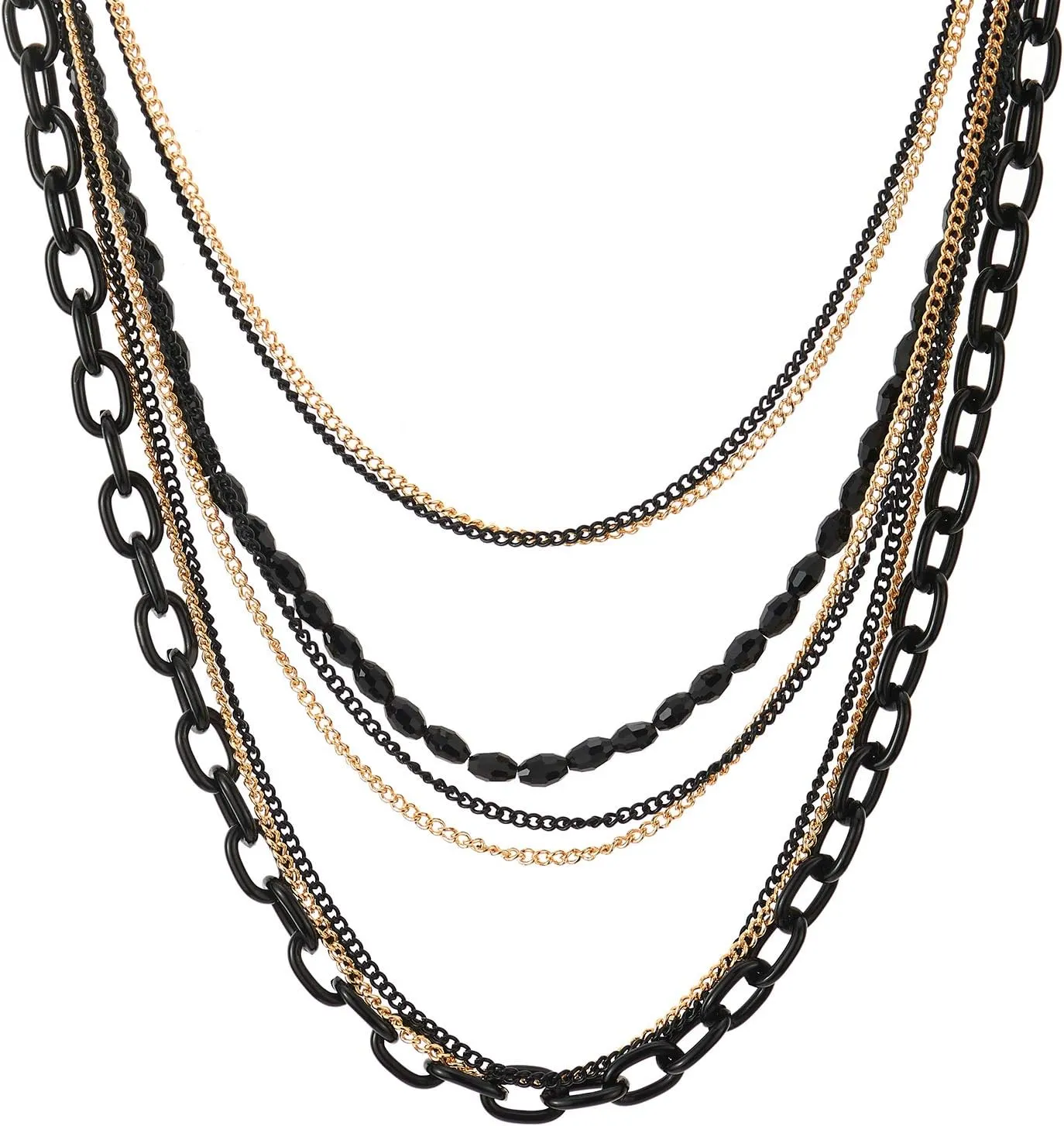 COOLSTEELANDBEYOND Choker Collar Statement Necklace Waterfall Multi-Strand Black Gold Chains with Gem Stone Bead String