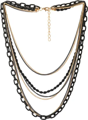 COOLSTEELANDBEYOND Choker Collar Statement Necklace Waterfall Multi-Strand Black Gold Chains with Gem Stone Bead String