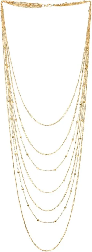 COOLSTEELANDBEYOND Gold Color Waterfall Statement Necklace Multi-Strand Layered Long Chains with Ball Charm Pendant