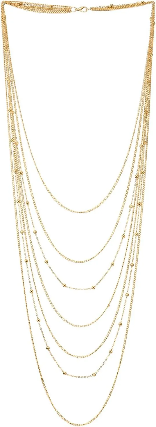 COOLSTEELANDBEYOND Gold Color Waterfall Statement Necklace Multi-Strand Layered Long Chains with Ball Charm Pendant
