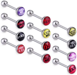 COTTVOTT Novelty Letter Stainless Steel Tongue Rings Body Piercing Jewelry Barbells(12pcs mix)