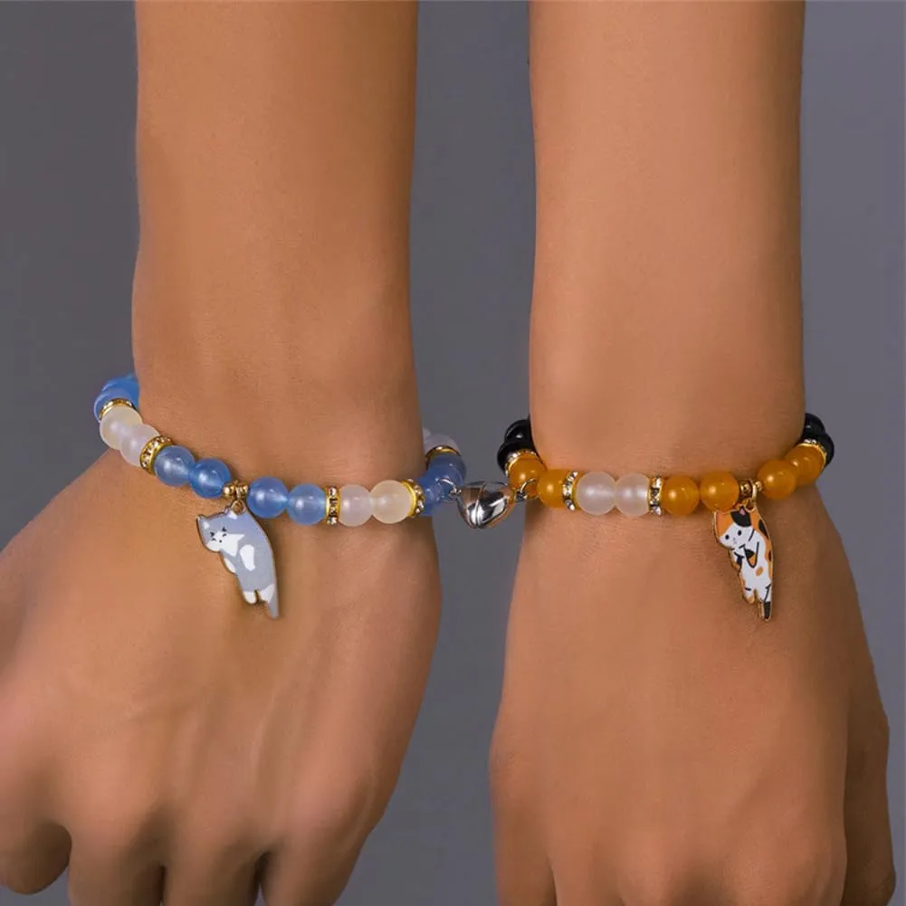 Couple Friendship Bracelets for 2 Long Distance Cat Kitty Animal Heart Matching Bracelet for Women Men Jewelry Gift