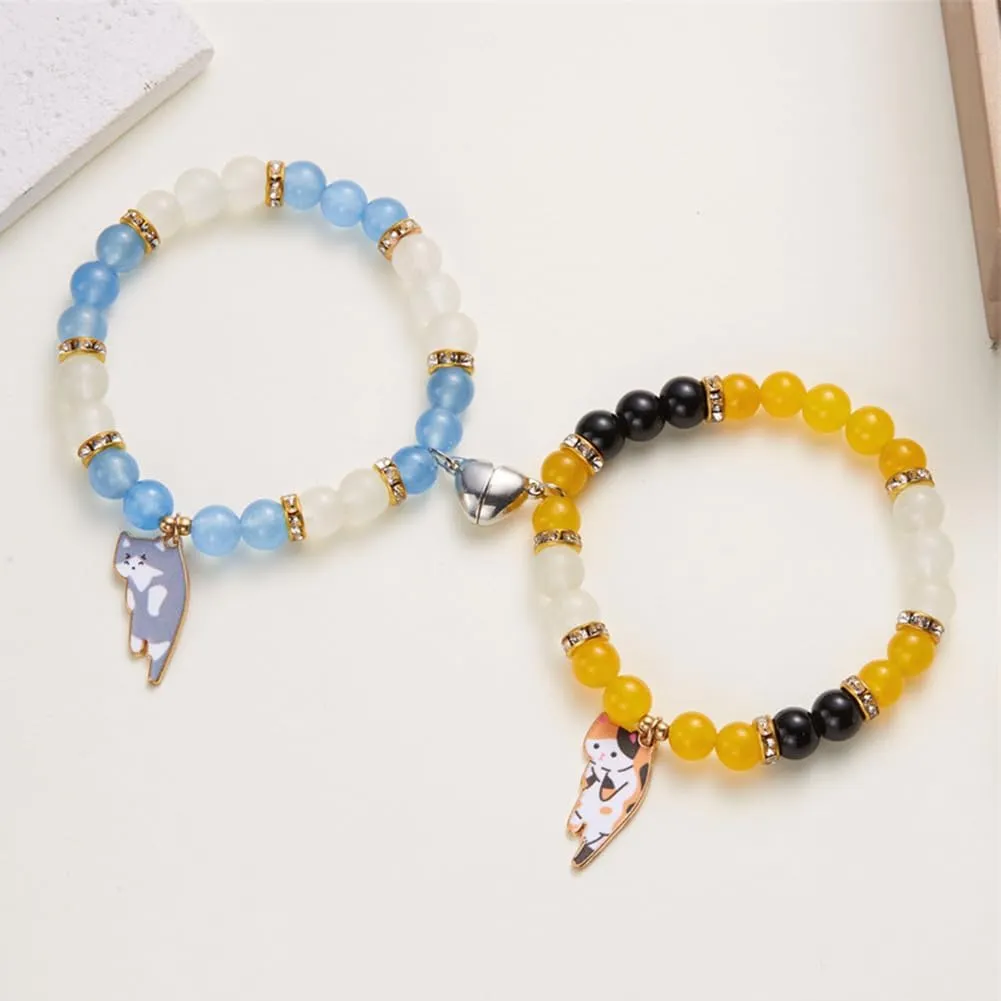 Couple Friendship Bracelets for 2 Long Distance Cat Kitty Animal Heart Matching Bracelet for Women Men Jewelry Gift