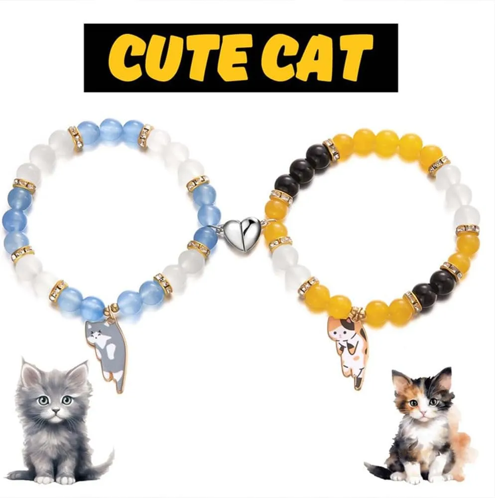 Couple Friendship Bracelets for 2 Long Distance Cat Kitty Animal Heart Matching Bracelet for Women Men Jewelry Gift