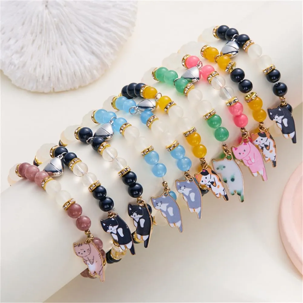 Couple Friendship Bracelets for 2 Long Distance Cat Kitty Animal Heart Matching Bracelet for Women Men Jewelry Gift