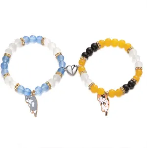Couple Friendship Bracelets for 2 Long Distance Cat Kitty Animal Heart Matching Bracelet for Women Men Jewelry Gift