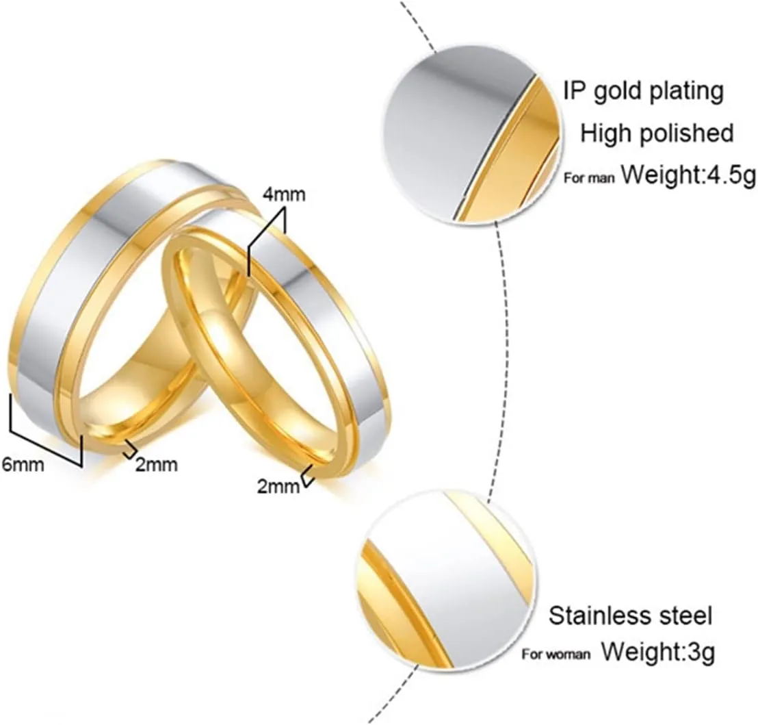 Couple Ring Jewelry, Stainless Steel Wedding Band Silver Gold Ring 4mm 6mm Valentines Day Gifts for Girlfriend