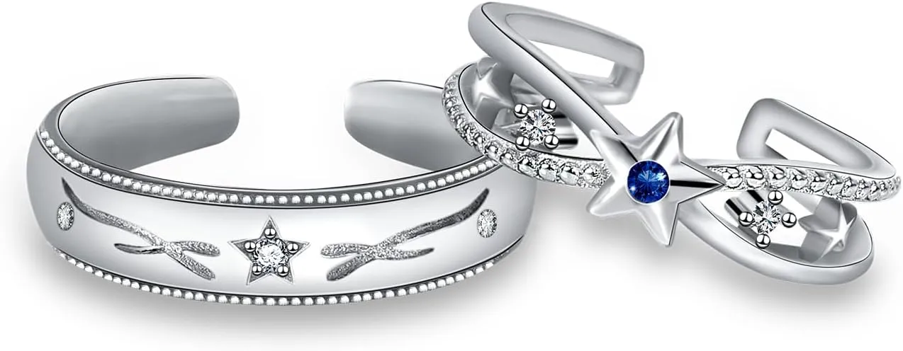 Couples Matching Rings Cosmic Starry Sky Sterling Silver Adjustable Promise Ring Him and Her