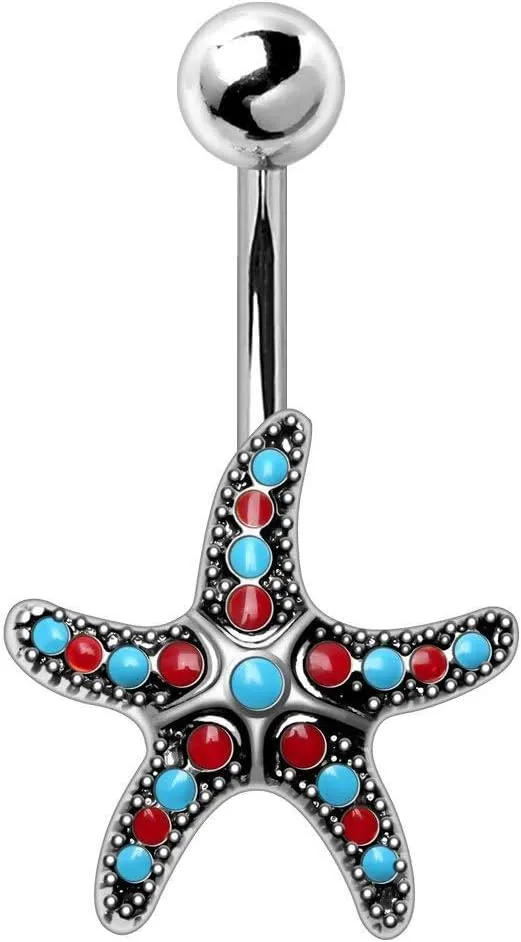 Covet Jewelry 316L Stainless Steel Colorful Starfish Navel Ring