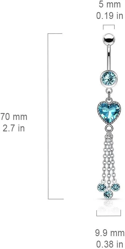 Covet Jewelry Heart CZ and Chains with CZ Dangle 316L Surgical Steel Belly Button Navel Rings