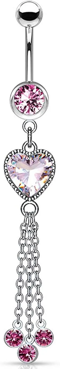 Covet Jewelry Heart CZ and Chains with CZ Dangle 316L Surgical Steel Belly Button Navel Rings
