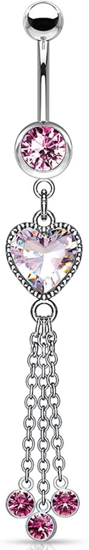 Covet Jewelry Heart CZ and Chains with CZ Dangle 316L Surgical Steel Belly Button Navel Rings