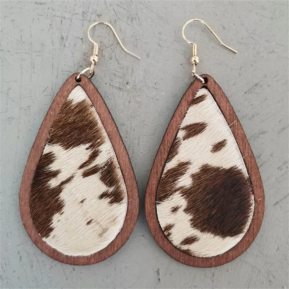 Cow print Leopard print light weight leather wood teardrop earrings, hand-made hypoallergenic earrings for women drop earrings