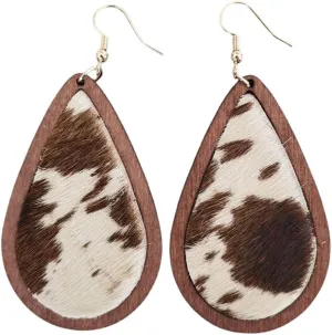 Cow print Leopard print light weight leather wood teardrop earrings, hand-made hypoallergenic earrings for women drop earrings